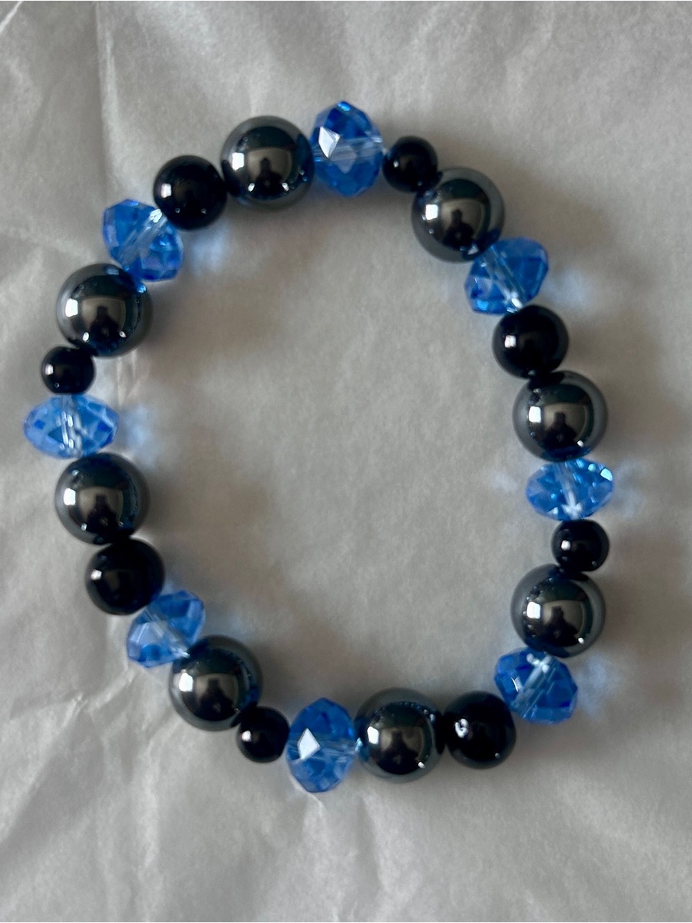 Blue Crystal and Black Beaded Stretch Bracelet Handmade Jewelry